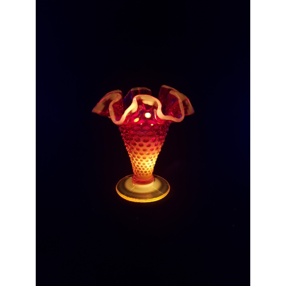 Vintage Fenton Art Glass Hobnail Amberina 4" Double Crimped Vase #3952 Orange